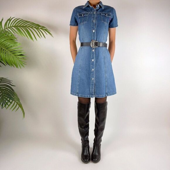 Arizona Jean Co. Dresses & Skirts - Vintage 90s Grunge Denim Jean Indie Streetwear Midi Shirt Dress / Size: 16 Teen